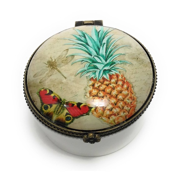 Pineapple & Butterfly Trinket Box, Ceramic and Glass, French Inspired, 2.5"Round - Picture 2 of 4